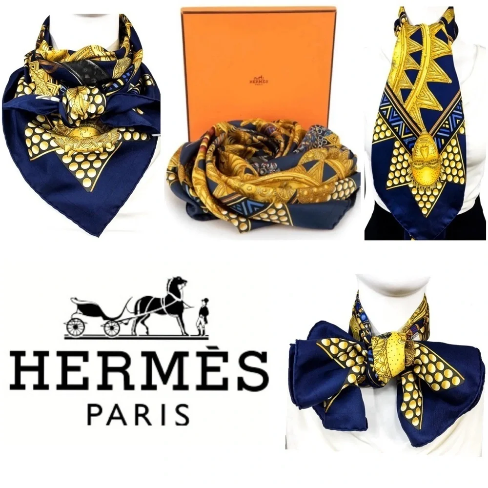 Hermès Scarf “L'or des Chefs” Navy & Gold 100% Silk Scarf ~ RARE! ~ Includes Box